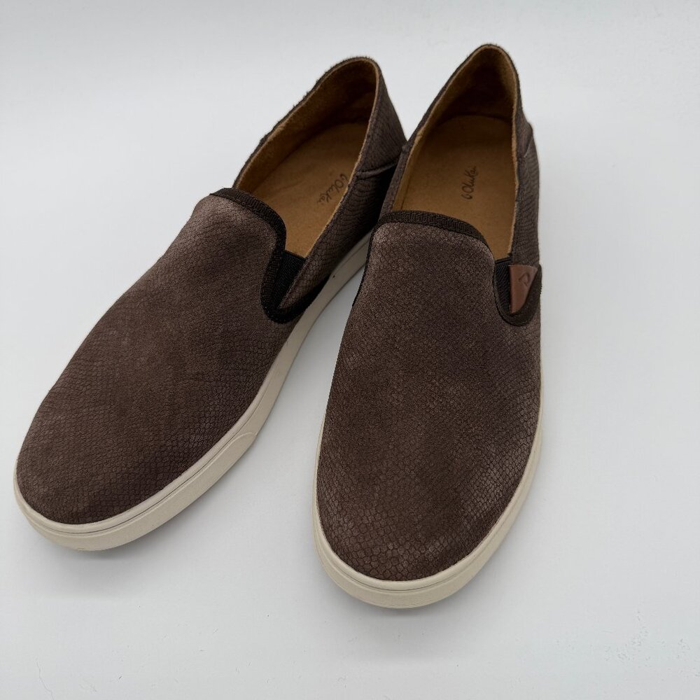 NWOT Olukai Pehuea Leather Womens 11 Brown Suede Snake Print Slip-On Sneakers